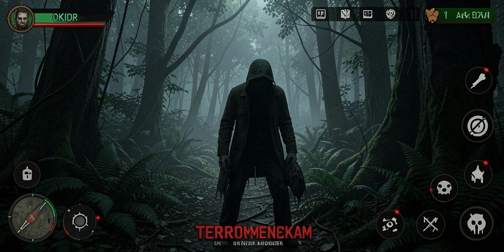 Antarmuka permainan OKIDR menampilkan hutan yang angker dan menakutkan.